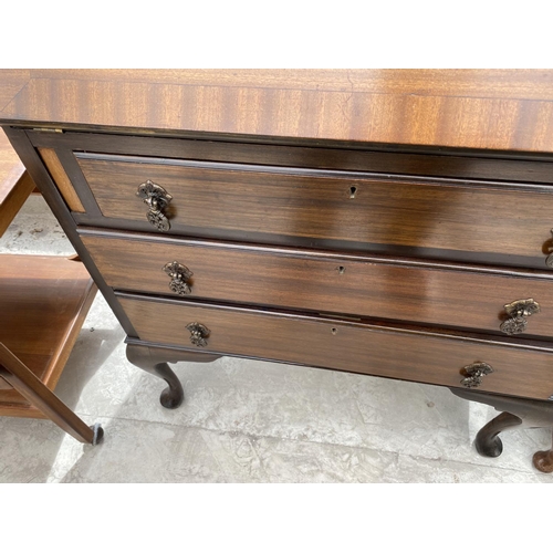 1534 - A MAHOGANY BUREAU ON CABRIOLE SUPPORTS WITH FALL FRONT AND THREE DRAWERS