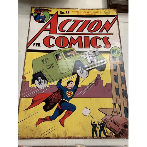 105 - A DETECTIVE COMICS BATMAN SIGN AND AN ACTION COMICS SIGN