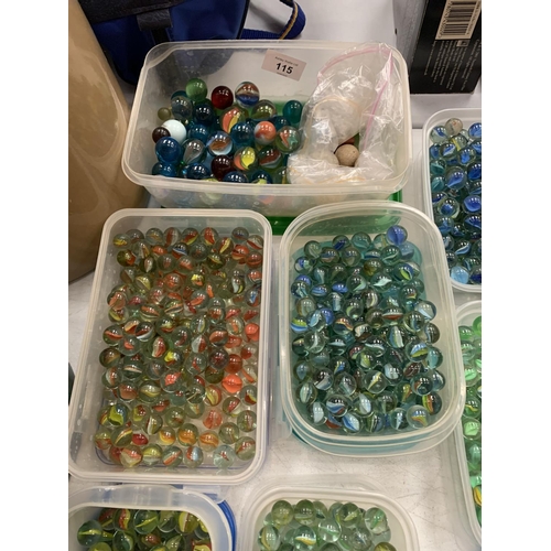 115 - A LARGE COLLECTION OF MARBLES ALL SORTED INTO COLOURS