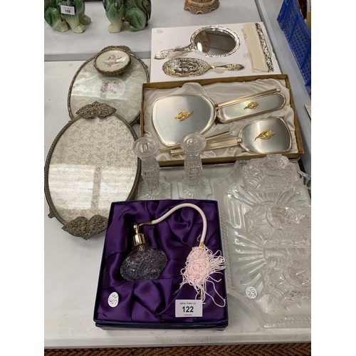 122 - VARIOUS DRESSING TABLE ITEMS TO INCLUDE BRUSH AND MIRROR SETS, CUT GLASS PERFUME BOTTLE, MIRRORS, GL... 