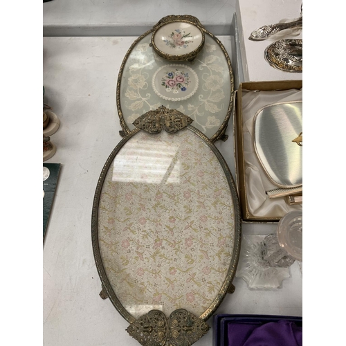 122 - VARIOUS DRESSING TABLE ITEMS TO INCLUDE BRUSH AND MIRROR SETS, CUT GLASS PERFUME BOTTLE, MIRRORS, GL... 