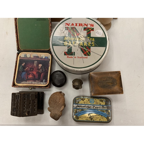 124 - A COLLECTION OF ITEMS TO INCLUDE WOODEN STORAGE BOXES, VINTAGE TINS, BOXED COASTERS, OLD COINS ETC