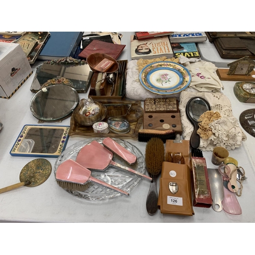 126 - VARIOUS ITEMS TO INCLUDE DRESSING TABLE ITEMS, CROCHET MATS, TRINKET BOXES AND ORNATE MIRRORS ETC