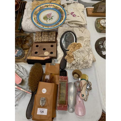 126 - VARIOUS ITEMS TO INCLUDE DRESSING TABLE ITEMS, CROCHET MATS, TRINKET BOXES AND ORNATE MIRRORS ETC