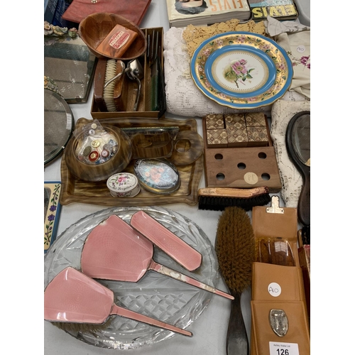 126 - VARIOUS ITEMS TO INCLUDE DRESSING TABLE ITEMS, CROCHET MATS, TRINKET BOXES AND ORNATE MIRRORS ETC