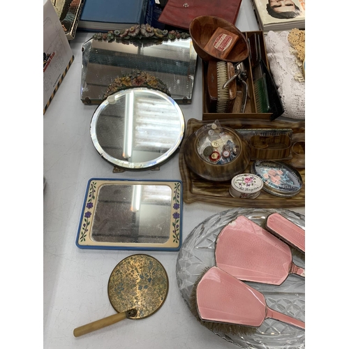 126 - VARIOUS ITEMS TO INCLUDE DRESSING TABLE ITEMS, CROCHET MATS, TRINKET BOXES AND ORNATE MIRRORS ETC