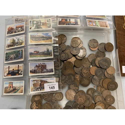 145 - A LARGE QUANTITY OF OLD COINS, NOTES  TO INCLUDE A FUNFZIGTAUFEND MARK AND VARIOUS TEA CARDS