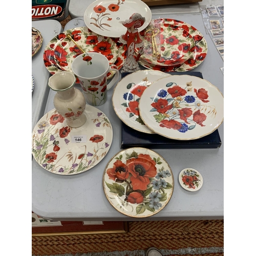 146 - A LARGE COLLECTION OF POPPY THEMED CERAMICS TO INCLUDE PLATES, VASE, LADY FIGURINE ETC