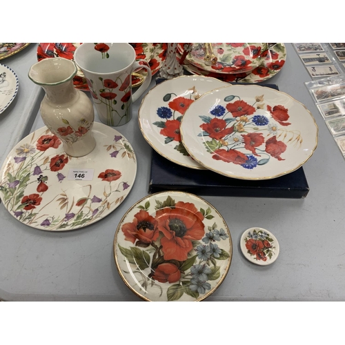 146 - A LARGE COLLECTION OF POPPY THEMED CERAMICS TO INCLUDE PLATES, VASE, LADY FIGURINE ETC