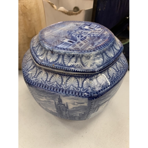 151 - A BLUE AND WHITE PATTERNED MALING WARE LIDDED JAR AND A FURTHER JAR A/F