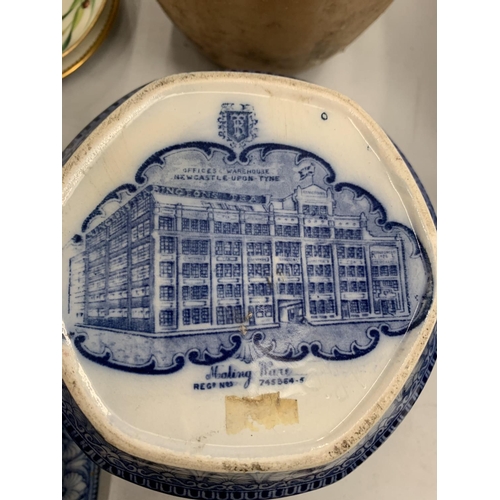 151 - A BLUE AND WHITE PATTERNED MALING WARE LIDDED JAR AND A FURTHER JAR A/F