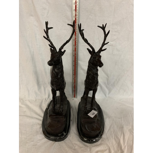 165 - A PAIR OF IMPRESSIVE BRONZE STAGS ON MARBLE BASES APPROXIMATELY 42CM HIGH