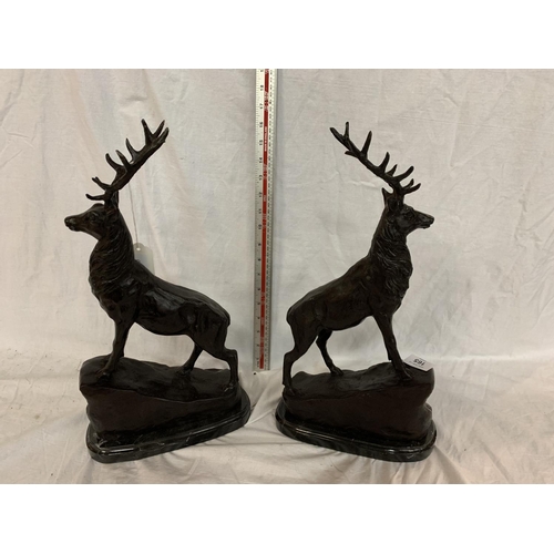 165 - A PAIR OF IMPRESSIVE BRONZE STAGS ON MARBLE BASES APPROXIMATELY 42CM HIGH