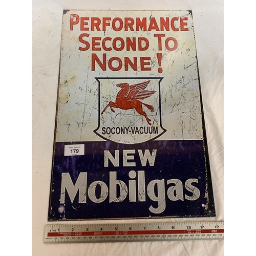 179 - A 'NEW MOBIL GAS PERFORMANCE SECOND TO NONE SOCONY VACUUM' MEATL SIGN