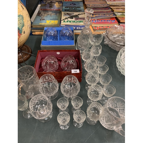 198 - VARIOUS CUT GLASS TO INCLDE BOXED BRANDY, A DECANTER ETC