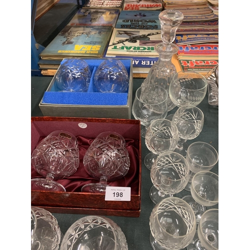 198 - VARIOUS CUT GLASS TO INCLDE BOXED BRANDY, A DECANTER ETC