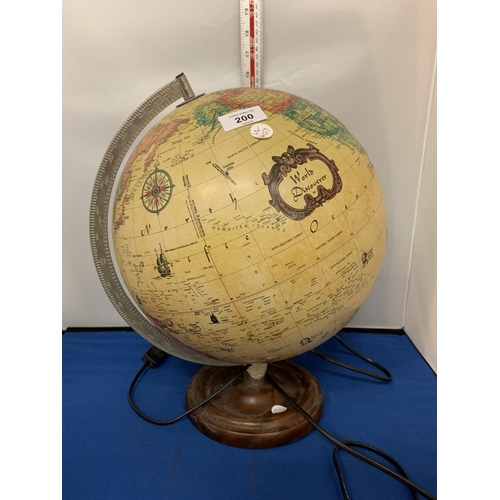 200 - A LIGHT UP GLOBE ON A WOODEN BASE