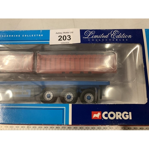 203 - A LIMITED EDITION OF 2000 CORGI MAN FLATBED WITH CONTAINER LOAD 