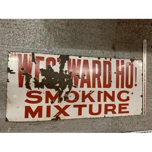 213 - A VINTAGE ENAMEL WESTWARD HO! SMOKING MIXTURE SIGN 40 INCHES X 18 INCHES