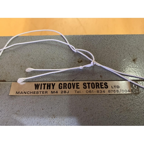 232 - A METAL 'WITHY GROVES STORES LTD MANCHESTER' STRONG BOX WITH KEYS