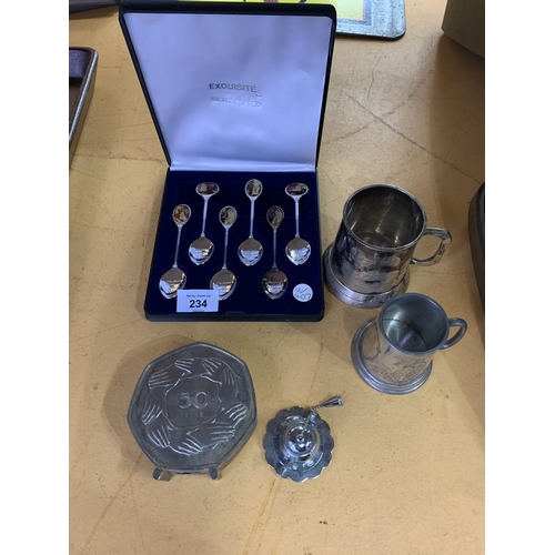 234 - VARIOUS METAL AND EPNS ITEMS TO INCLUDE TWO TANKARDS, ONE ENGRAVED GOOSTRY GOOSEBERRY SOCIETY, A 50 ... 