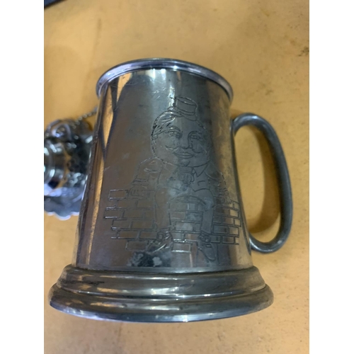 234 - VARIOUS METAL AND EPNS ITEMS TO INCLUDE TWO TANKARDS, ONE ENGRAVED GOOSTRY GOOSEBERRY SOCIETY, A 50 ... 