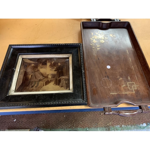 234A - A FRAMED CRYSTOLEUM OF A MONK PAINTING A SLEEPING CARDINAL AND A WOODEN INLAID TRAY (HANDLES A/F)