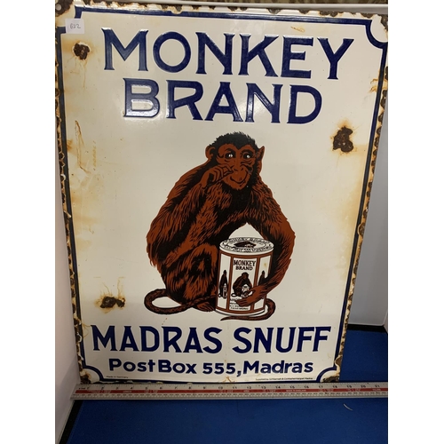 291 - AN ENAMEL 'MONKEY BRAND MADRAS SNUFF POST BOX 555, MADRAS' ADVERTISING SIGN