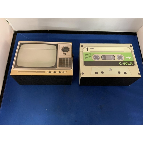 300 - TWO NOVELTY CASES TO DEPICT A VINTAGE TELEVISION AND CASSETTE TAPE