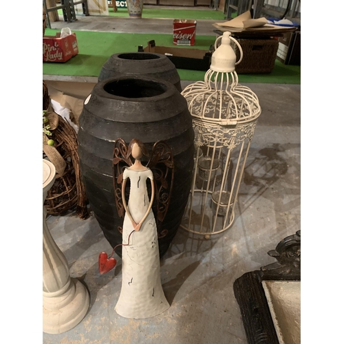 490 - THREE VASES, A PAIR OF WOODEN CANDLE STICKS, AN INDIAN STYLE CANDLE STICK, A TEA LIGHT BIRD CAGE ETC