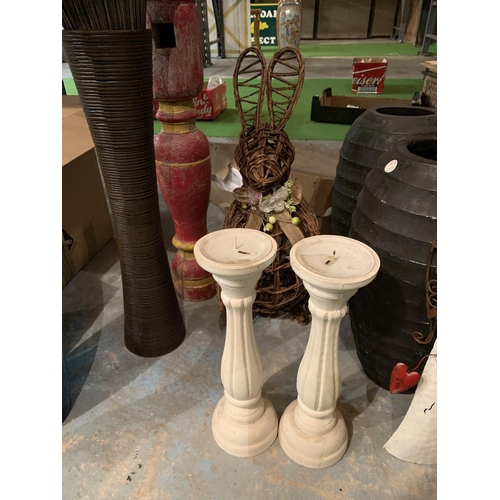 490 - THREE VASES, A PAIR OF WOODEN CANDLE STICKS, AN INDIAN STYLE CANDLE STICK, A TEA LIGHT BIRD CAGE ETC