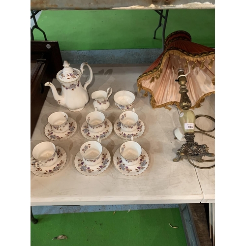 494 - AN ONYX BASED TABLE LAMP AND A ROYAL ALBERT LORRAINE COFFEE SET WITH SIX CUPS AND SAUCERS, COFFEE PO... 