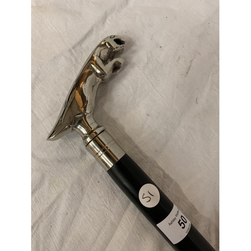 50 - A BLACK WALKING STICK WITH A CHROME JAGUAR HANDLE