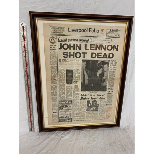 61 - A FRAMED LIVERPOOL ECHO FRONT PAGE 'JOHN LENNON SHOT DEAD' TUESDAY DECEMBER 9, 1980