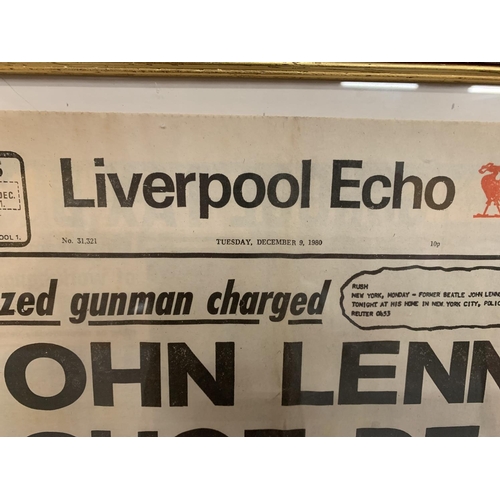 61 - A FRAMED LIVERPOOL ECHO FRONT PAGE 'JOHN LENNON SHOT DEAD' TUESDAY DECEMBER 9, 1980