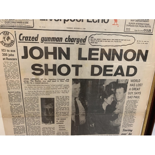 61 - A FRAMED LIVERPOOL ECHO FRONT PAGE 'JOHN LENNON SHOT DEAD' TUESDAY DECEMBER 9, 1980