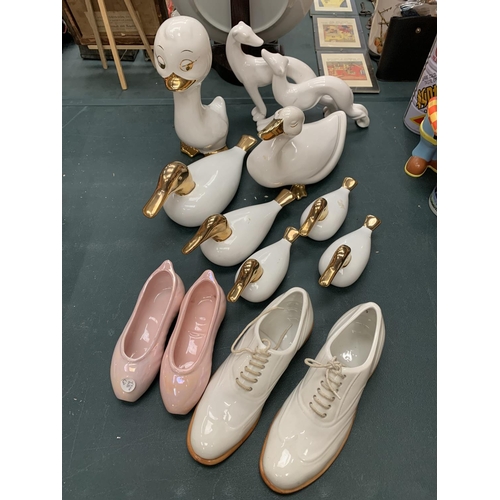 70 - VARIOUS CHINA ITEMS TO INCLUDE SHOES, BALLET FLATS, DUCKS, DOGS ETC