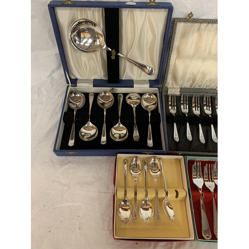 85 - EIGHT BOXED ITEMS TO INCLUDE SPOONS, FORKS. CAKE FORKS, KNIVES ETC