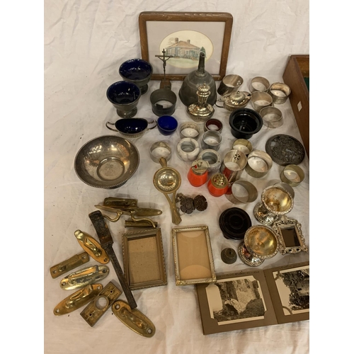 87 - VARIOUS VINTAGE ITEMS TO INCLUDE EPNS, BRASS, FRAMES, WOODEN CUTLERY TRAY, DOMINO SCORE BOARD