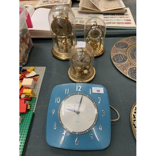 90 - FOUR VARIOUS CLOCKS TO INCLUDE THREE TABLE CLOCKS AND A RETRO WALL CLOCK