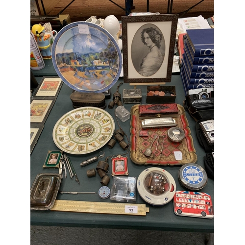 93 - A COLLECTION OF VARIOUS VINTAGE ITEMS TO INCLUDE A BOXED HARMONCIA, TRAY, SUGAR TONGS, FRAMES, BELLS... 