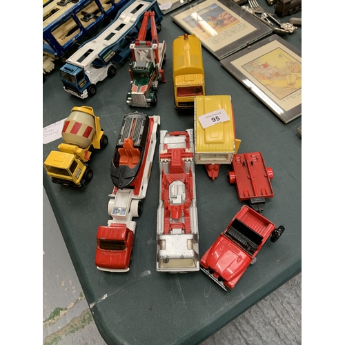 95 - VARIOUS DINKY. MATCHBOX AND CORGI TOY CARS, TRANSPORTER WAGONS, WAGONS ETC