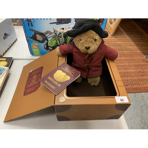 98 - A BOXED DESIGNYABEAR PADDINGTON BEAR WITH PASSPORT