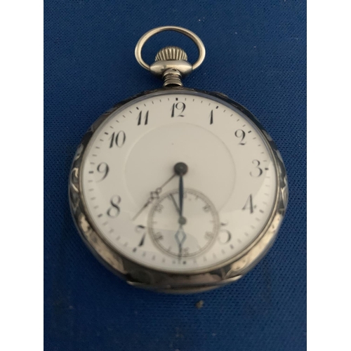 512 - EARLY 20TH CENTURY WHITE METAL SLIM OPEN FACED POCKET WATCH, TOP WINDER WITH EMBOSSED FOLIAGE DECORA... 