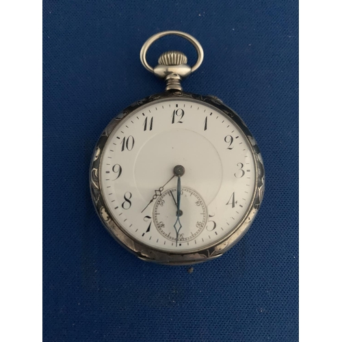 512 - EARLY 20TH CENTURY WHITE METAL SLIM OPEN FACED POCKET WATCH, TOP WINDER WITH EMBOSSED FOLIAGE DECORA... 