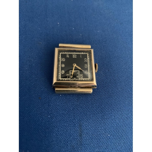 514 - 1940S 9CT HALLMARKED SQUARE FACED MANUAL WRIST WATCH SWISS MADE 15 JEWELS, BLACK DIAL AND SUBSIDIARY... 