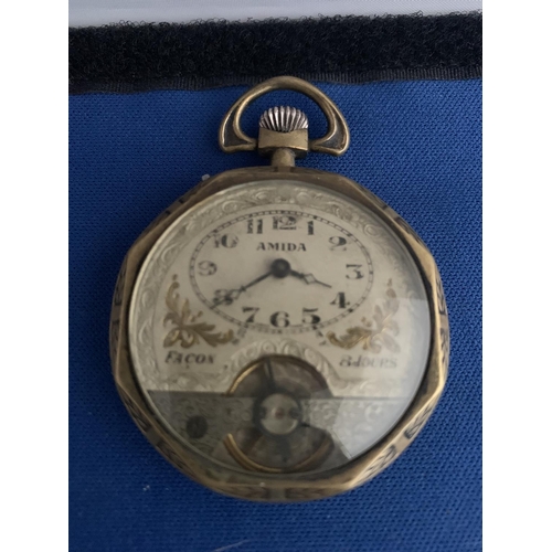 521 - UNUSUAL FRENCH 'AMIDA' BRASS OCTAGONAL OPEN FACED POCKET WATCH 'FACON & 8 JOURS' STATED ON DIAL, TOP... 