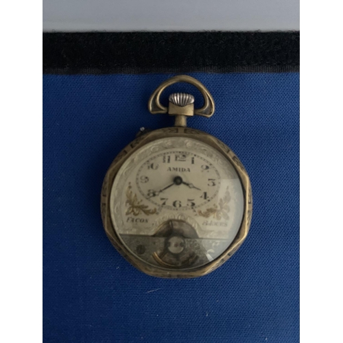 521 - UNUSUAL FRENCH 'AMIDA' BRASS OCTAGONAL OPEN FACED POCKET WATCH 'FACON & 8 JOURS' STATED ON DIAL, TOP... 