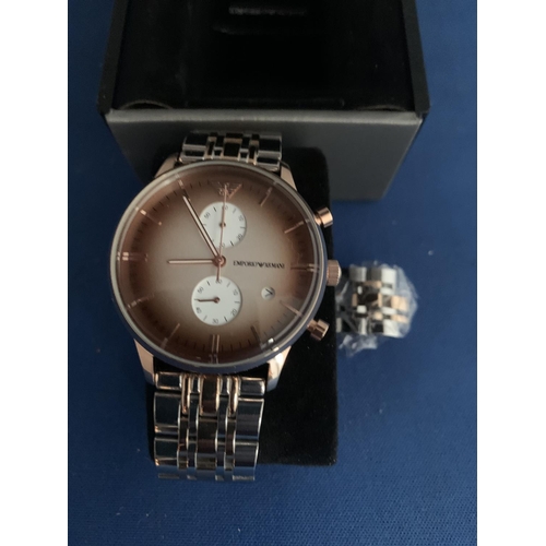 539 - EMPORIO ARMANI CHRONOGRAPH BI TONE FASHION WATCH, BOXED