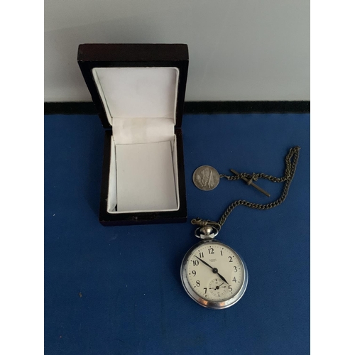 549 - SMITHS EMPIRE CHROME POCKET WATCH WITH BASE METAL CHAIN WITH SILVER ST CHRISTOPHER ATTACHED